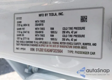 2022 Tesla Model 3 Rear-Wheel Drive из США, поврежденный, VIN 5YJ3E1EA5NF322664